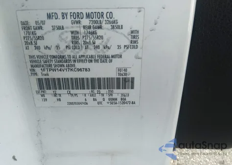 2007 Ford F-150 Xlt/Lariat/Fx4 из США, поврежденный, VIN 1FTPW14V17KC96783